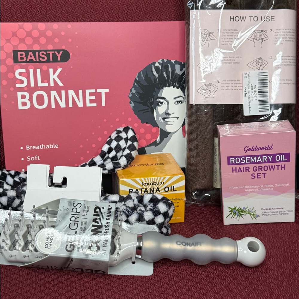 Conair Hair Brush with Baisty Silk Bonnet and Goldworld Rosemary Oil Set